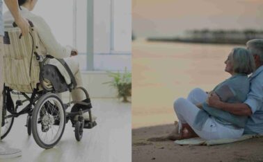 Aged care resident in wheelchair beside elderly couple looking out towards beach