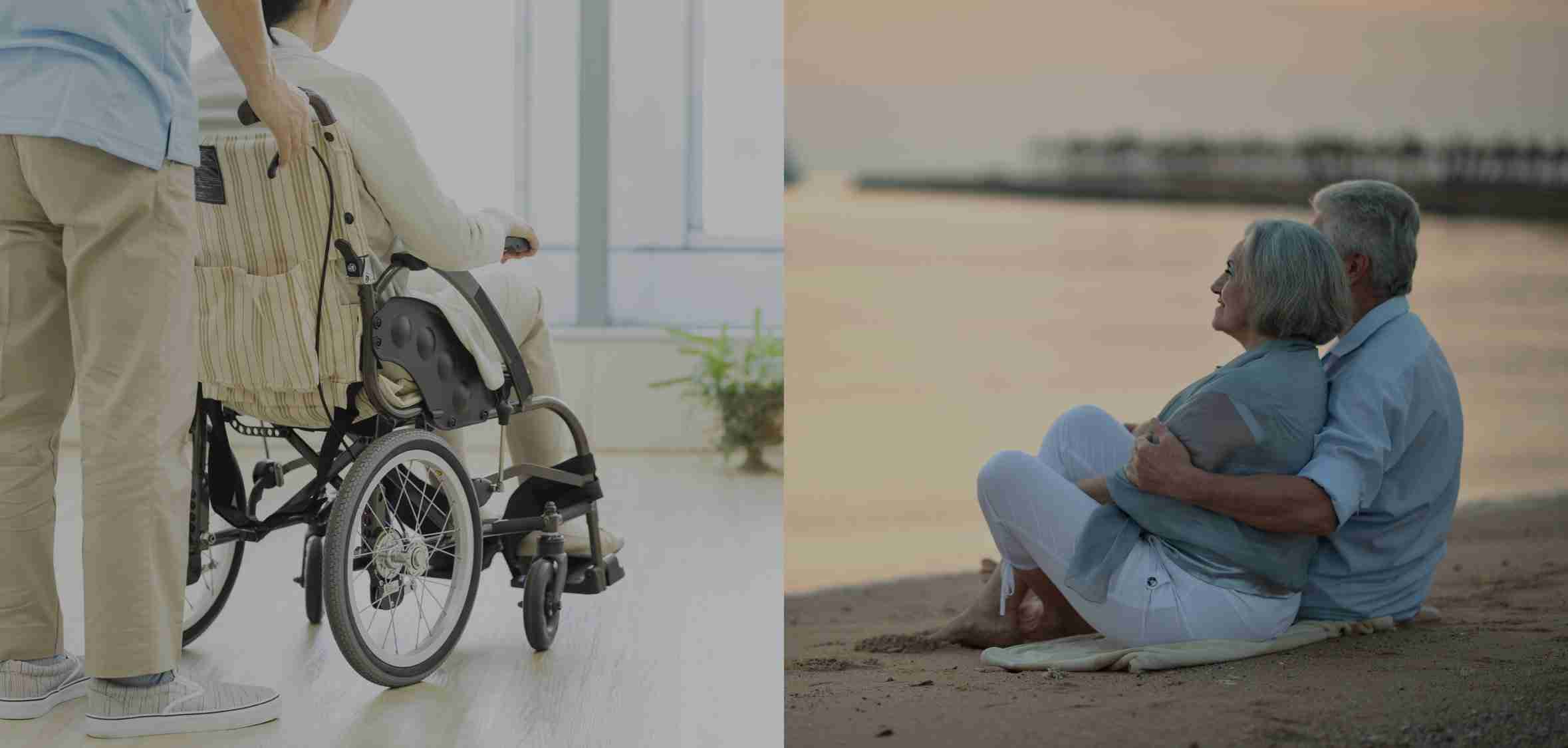 Aged care resident in wheelchair beside elderly couple looking out towards beach