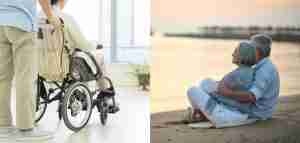 aged care resident in wheelchair beside elderly couple looking out towards the ocean