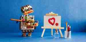 Robot artist with brush in hand looks at the red heart and a blot painted in watercolor on white paper and a wooden easel. Advertising poster studio school of visual arts and drawing. Artist's tools palette, pencils case. Blue background.