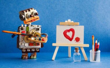 Robot artist with brush in hand looks at the red heart and a blot painted in watercolor on white paper and a wooden easel. Advertising poster studio school of visual arts and drawing. Artist's tools palette, pencils case. Blue background.