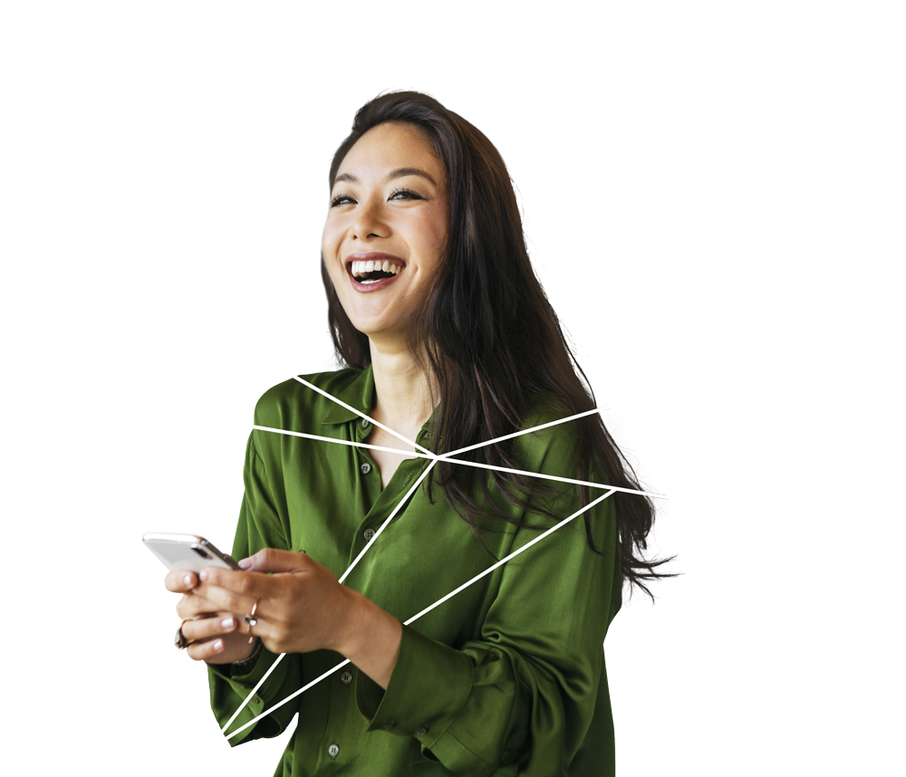 An image of a woman holding a phone inside the geometric icon for 'digital strategy' 